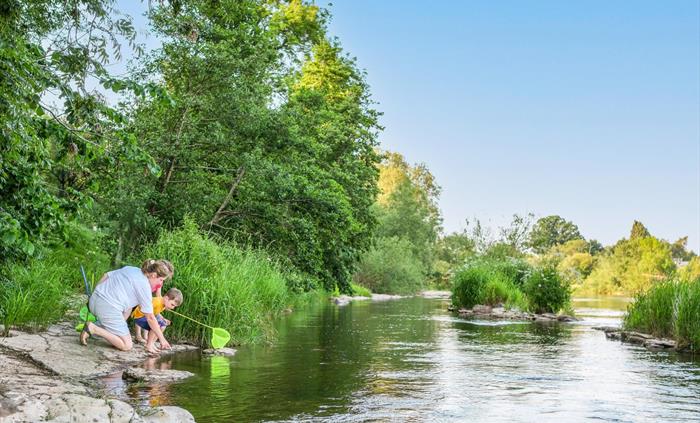 A family fishing in a river with nets
